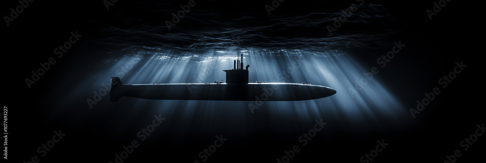 Obraz premium Submarine Submerged Underwater with Sunlight Rays