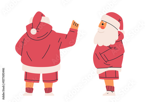 Santa Claus character in red outfit Christmas theme minimalist style back and side view red and white color scheme holiday design