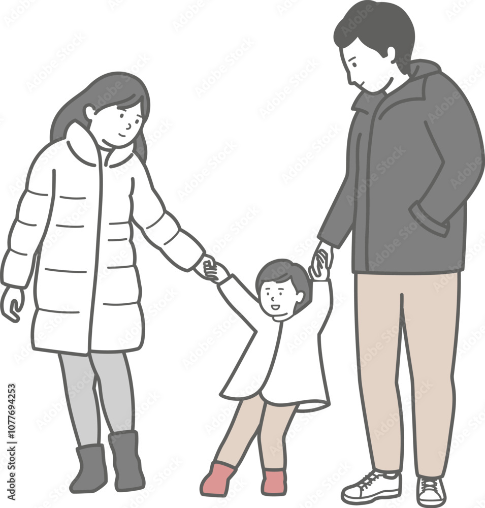 幼い子供と手を繋ぐ冬服の3人家族のイラスト 幼い子供と手を繋ぐ冬服の3人家族のイラスト