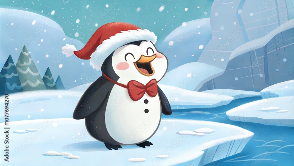 Cartoon penguin in Santa hat on snowy ice landscape Cartoon penguin in Santa hat on snowy ice landscape