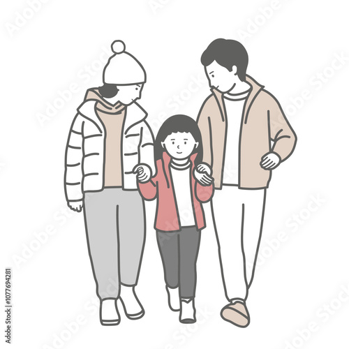 子供と手を繋ぐ冬服の3人家族のイラスト