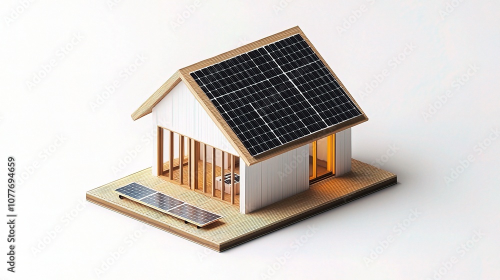 Detailed Isometric View of a Small House Model Featuring Solar Panels and Wooden Elements for Sustainable Architecture Concept Detailed Isometric View of a Small House Model Featuring Solar Panels and Wooden Elements for Sustainable Architecture Concept