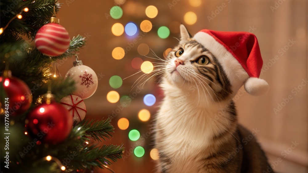 Cat wearing Santa hat by decorated Christmas tree Cat wearing Santa hat by decorated Christmas tree