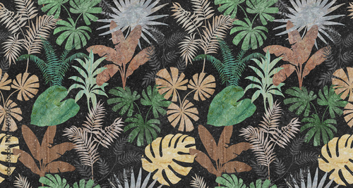 Seamless pattern leaf graphics variety of types on colorfur tone marble texture with tropical leaves used for decorative design. photo