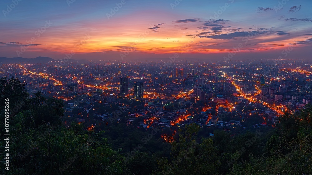 Obraz premium A panoramic view of a city at sunset with a beautiful sky.