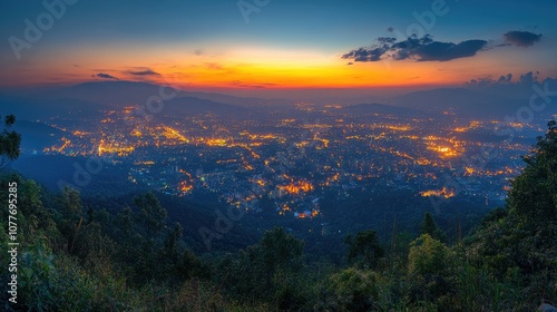 A panoramic view of a city at dusk with the sunset in the background, as seen from a mountaintop.