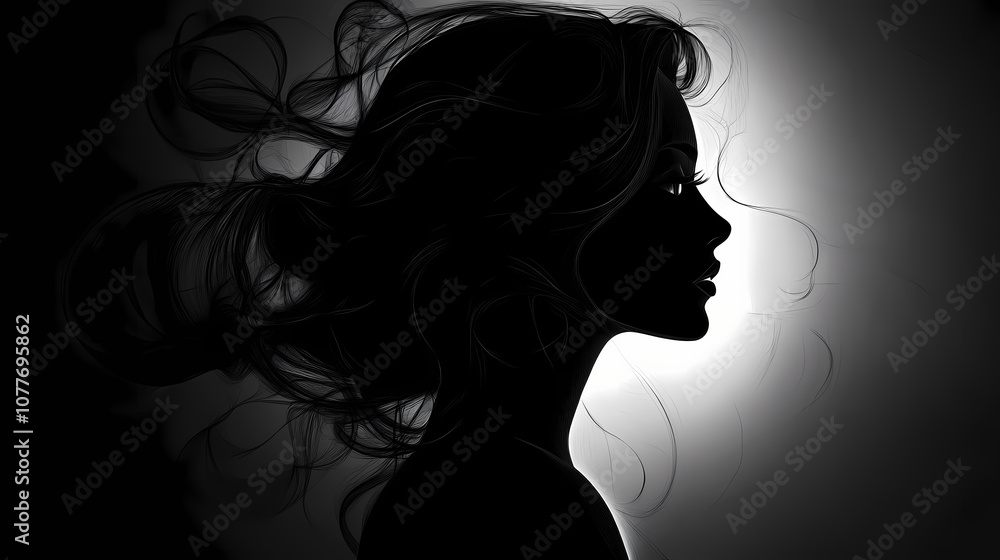Stylish female silhouette in dramatic lighting. generative ai image. Monochrome. Illustration Stylish female silhouette in dramatic lighting. generative ai image. Monochrome. Illustration