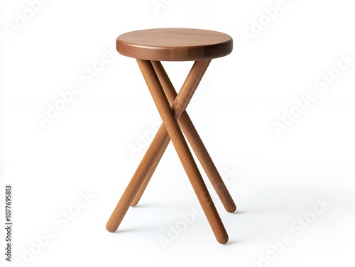 A simple wooden stool with a circular seat and four legs that are crossed in an 'X' pattern.