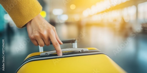 A person?s hand rests on a yellow suitcase in an airport setting, suggesting travel.