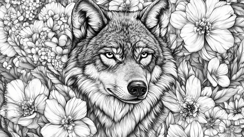 Stylish monochrome wolf illustration surrounded by elegant flowers, perfect for nature and wildlife enthusiasts. Monochrome. Illustration photo