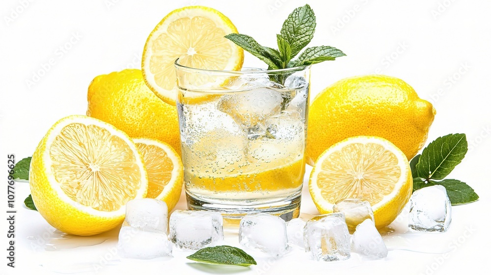 Refreshing Glass of Ice-Cold Lemonade Surrounded by Fresh Lemon Halves and Leaves on a Clean White Background, Perfect for Summer Vibes and Refreshments Refreshing Glass of Ice-Cold Lemonade Surrounded by Fresh Lemon Halves and Leaves on a Clean White Background, Perfect for Summer Vibes and Refreshments