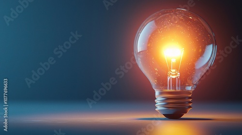 Bright Glowing Light Bulb with Illuminated Filament Isolated Against a Soft Blue Background, Perfect for Conceptual Lighting and Interior Designs