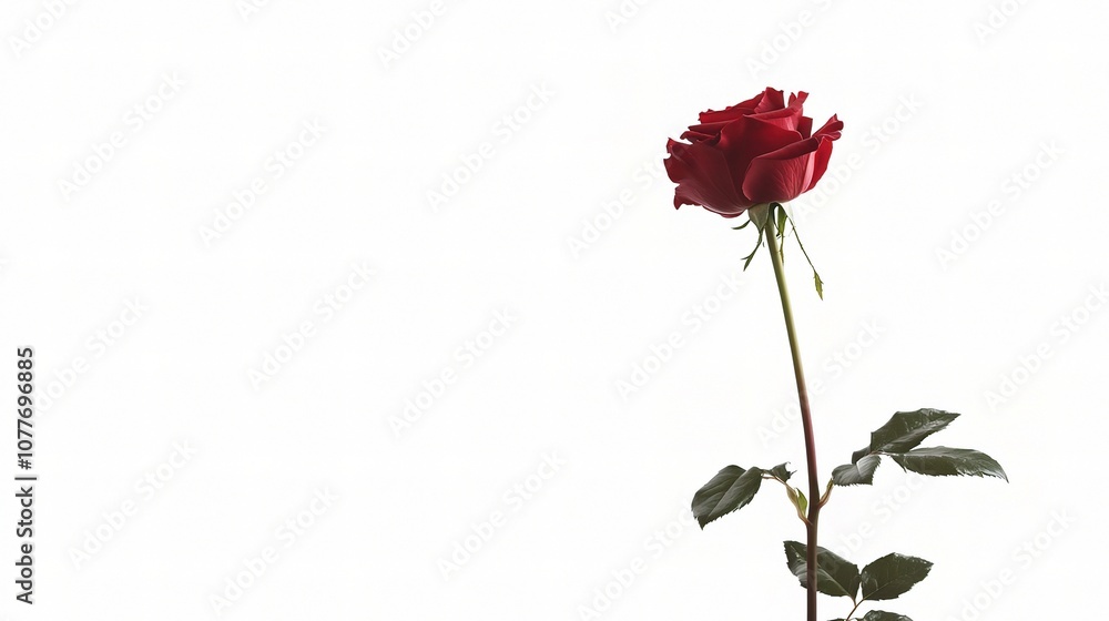 Fototapeta premium Isolated Long Stem Red Rose on a Clean White Background Capturing Natural Beauty and Elegance, Perfect for Floral Design or Decorative Purposes