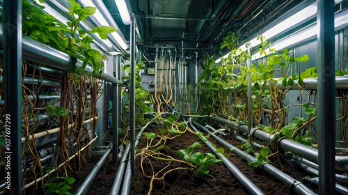 High tech plant roots forming complex circuits in futuristic environment. image showcases innovative agricultural technology with vibrant greenery and intricate piping