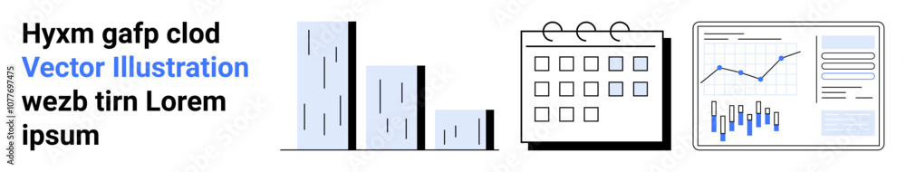 Text elements, vertical bar chart, calendar, and data analysis chart. Ideal for business planning, project management, data analysis, scheduling, reporting, organization, productivity. Landing page Text elements, vertical bar chart, calendar, and data analysis chart. Ideal for business planning, project management, data analysis, scheduling, reporting, organization, productivity. Landing page