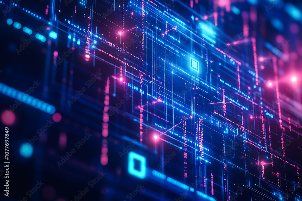 Fototapeta premium This digital background is ideal for various applications such as tech processes, neural networks, artificial intelligence, data transfer, security, digital storage, multimedia presentations, scientif