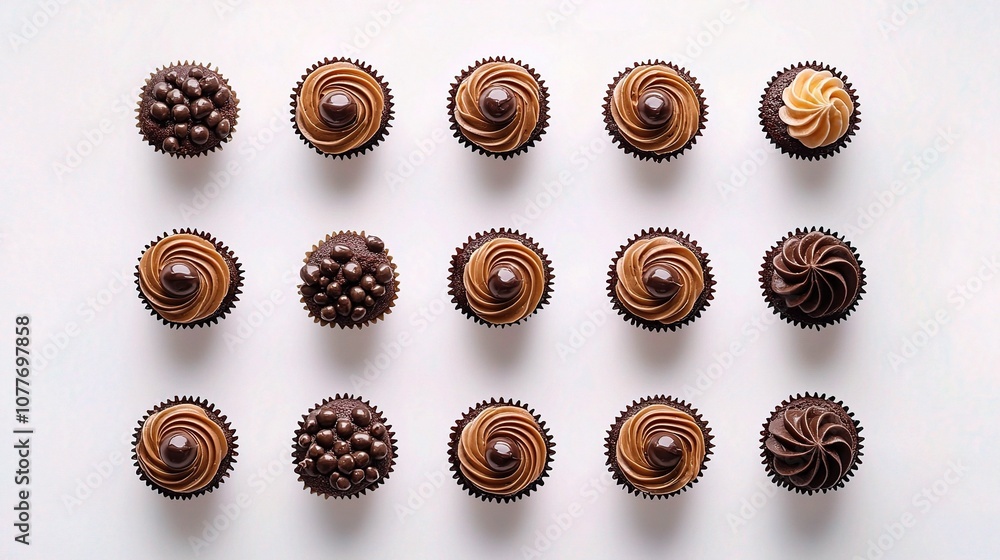 Delicious Mini Cupcakes Displayed in an Aesthetic Pattern on a White Background Perfect for Food Photography and Dessert Promotions