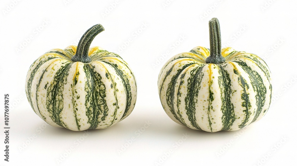 Two Isolated Mini Pumpkins with Striped Green and Yellow Skin Set Against a Clean White Background Ideal for Seasonal Decor and Autumn Inspirations Two Isolated Mini Pumpkins with Striped Green and Yellow Skin Set Against a Clean White Background Ideal for Seasonal Decor and Autumn Inspirations