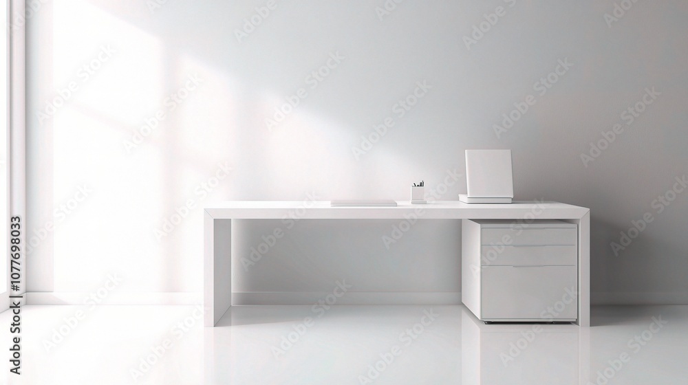 Minimalist White Desk in a Bright Room with Clean Lines and Soft Shadows, Perfect for Modern Workspace Concepts and Interior Design Inspirations Minimalist White Desk in a Bright Room with Clean Lines and Soft Shadows, Perfect for Modern Workspace Concepts and Interior Design Inspirations