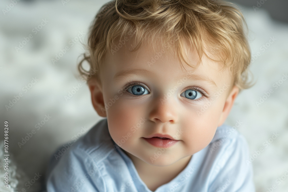 Close-up of a Caucasian baby with bright blue eyes and curly blonde hair, lying on a soft white blanket with a curious and innocent expression. Close-up of a Caucasian baby with bright blue eyes and curly blonde hair, lying on a soft white blanket with a curious and innocent expression.