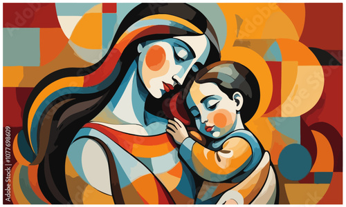 abstract typed illustration of beautiful mum and little baby