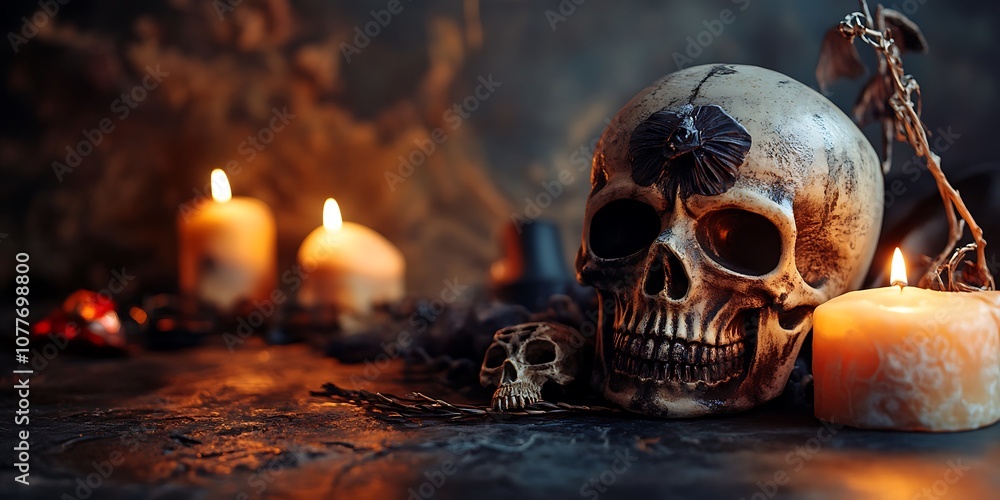 Halloween Skull with Burning Candles and a Chainsaw in the Background Halloween Skull with Burning Candles and a Chainsaw in the Background