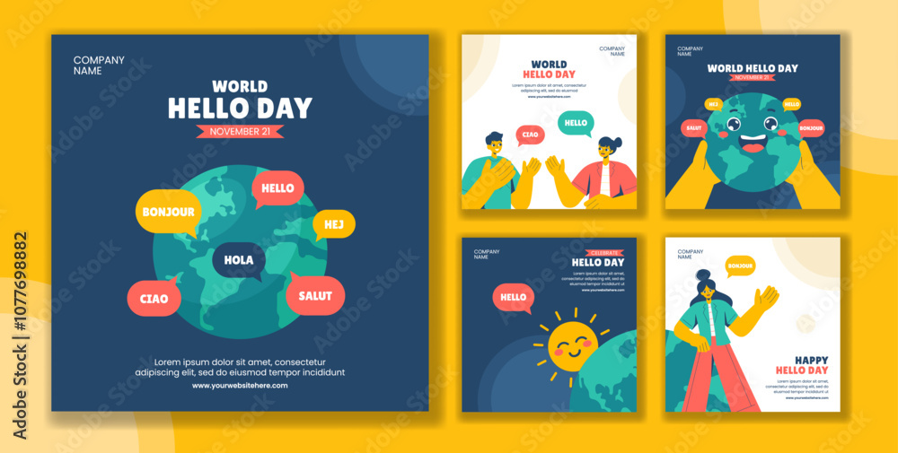 World Hello Day Celebration Flat Cartoon Social Media Post Template Illustration World Hello Day Celebration Flat Cartoon Social Media Post Template Illustration