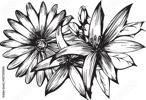 手書きの緻密なリアルな花の線画イラスト装飾