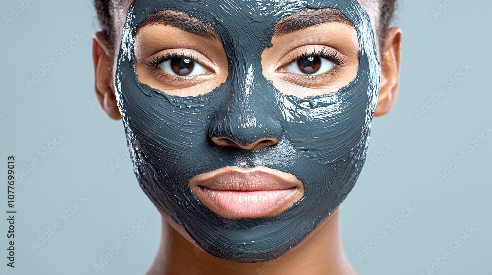 woman with clay mask on her face, showcasing smooth skin and serene expression. mask highlights her facial features against soft blue background woman with clay mask on her face, showcasing smooth skin and serene expression. mask highlights her facial features against soft blue background