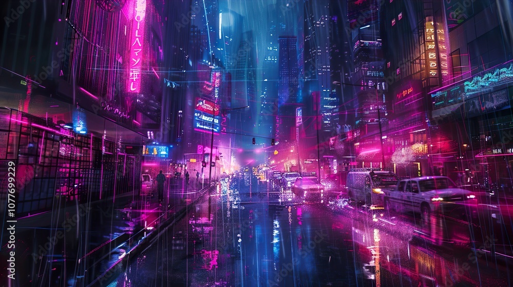 custom made wallpaper toronto digitalCyberpunk Cityscape: Neon Lights and Rain in a Futuristic Urban Landscape