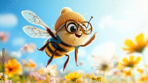 A cute cartoon bee wearing glasses and a beanie hat flies through a field of flowers with a bright blue sky behind it.