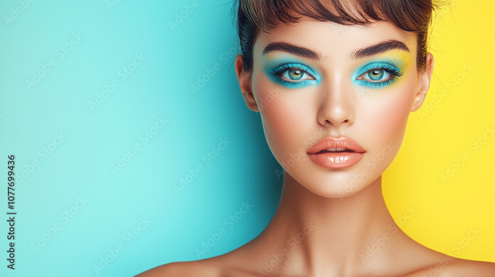 trendy woman with vibrant blue eyeshadow and glossy lips poses against colorful background, showcasing playful expression and modern makeup style trendy woman with vibrant blue eyeshadow and glossy lips poses against colorful background, showcasing playful expression and modern makeup style