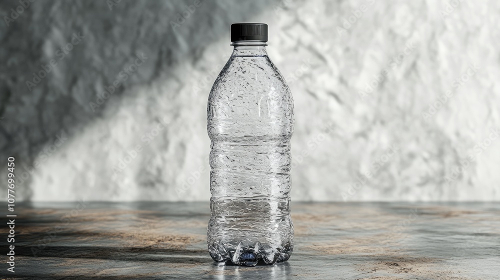 A Single Plastic Water Bottle on a Wooden Surface A Single Plastic Water Bottle on a Wooden Surface
