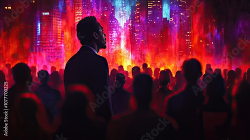 Silhouetted Man Looking Up at a Cityscape Illuminated with Neon Lights