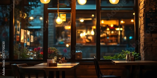 Empty cafe tables at night with a view of a busy city street