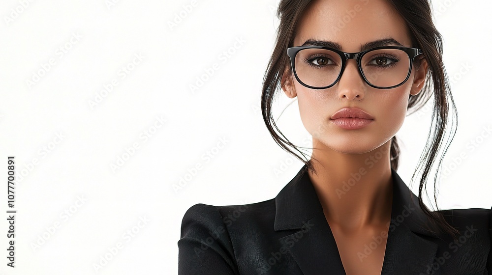 Professional Woman with Eyeglasses in Business Attire, Exuding Confidence and Style Against a Neutral Background for Corporate Imagery Professional Woman with Eyeglasses in Business Attire, Exuding Confidence and Style Against a Neutral Background for Corporate Imagery