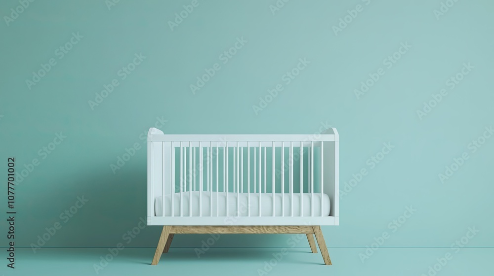 White crib with wooden legs against a teal wall