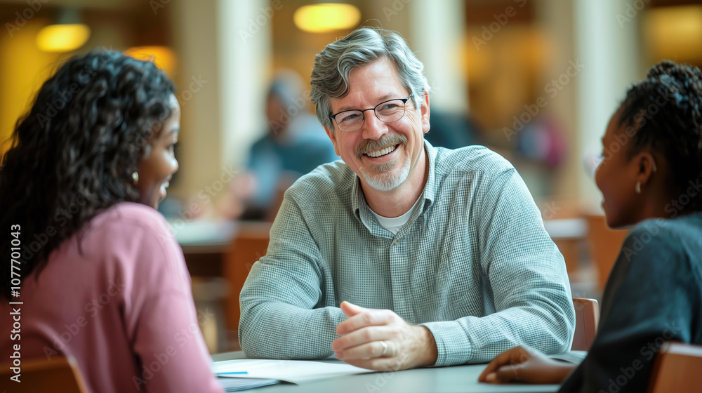Middle-aged white professor mentoring students at a university, promoting lifelong learning Middle-aged white professor mentoring students at a university, promoting lifelong learning