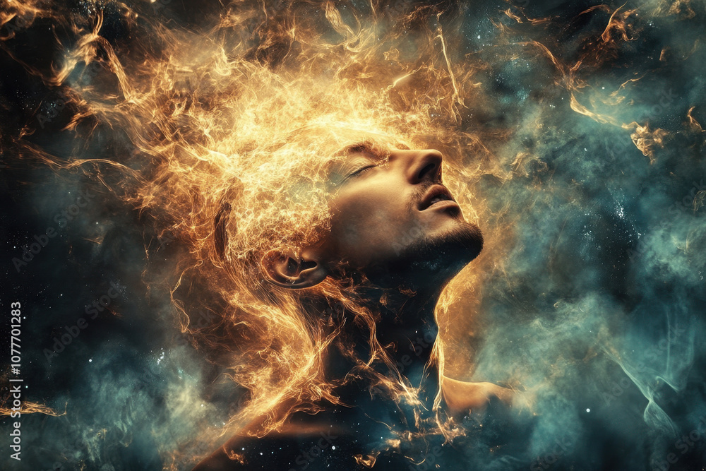 A person surrounded by swirling fiery energy, gazing upwards with an expression of awe in a cosmic setting. A person surrounded by swirling fiery energy, gazing upwards with an expression of awe in a cosmic setting.