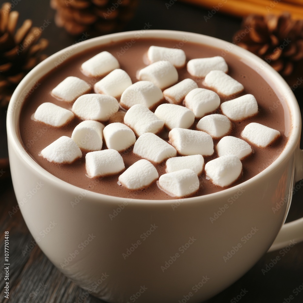 Close-up of a mug of hot chocolate topped with marshmallows. Close-up of a mug of hot chocolate topped with marshmallows.
