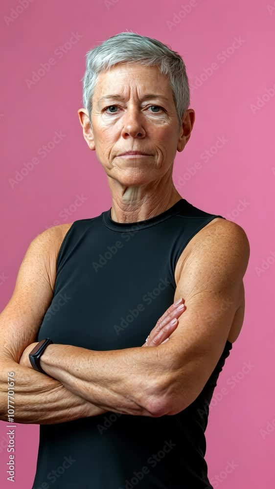 A woman with gray hair is standing with her arms crossed in front of a pink background A woman with gray hair is standing with her arms crossed in front of a pink background