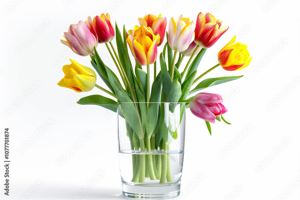 Fototapeta premium Tulip flowers in a glass vase isolated on flawless background version 6