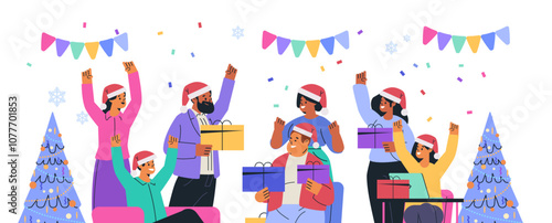Christmas celebration group exchanging gifts festive scene with people in Santa hats confetti and decorated trees vibrant colors holiday party concept