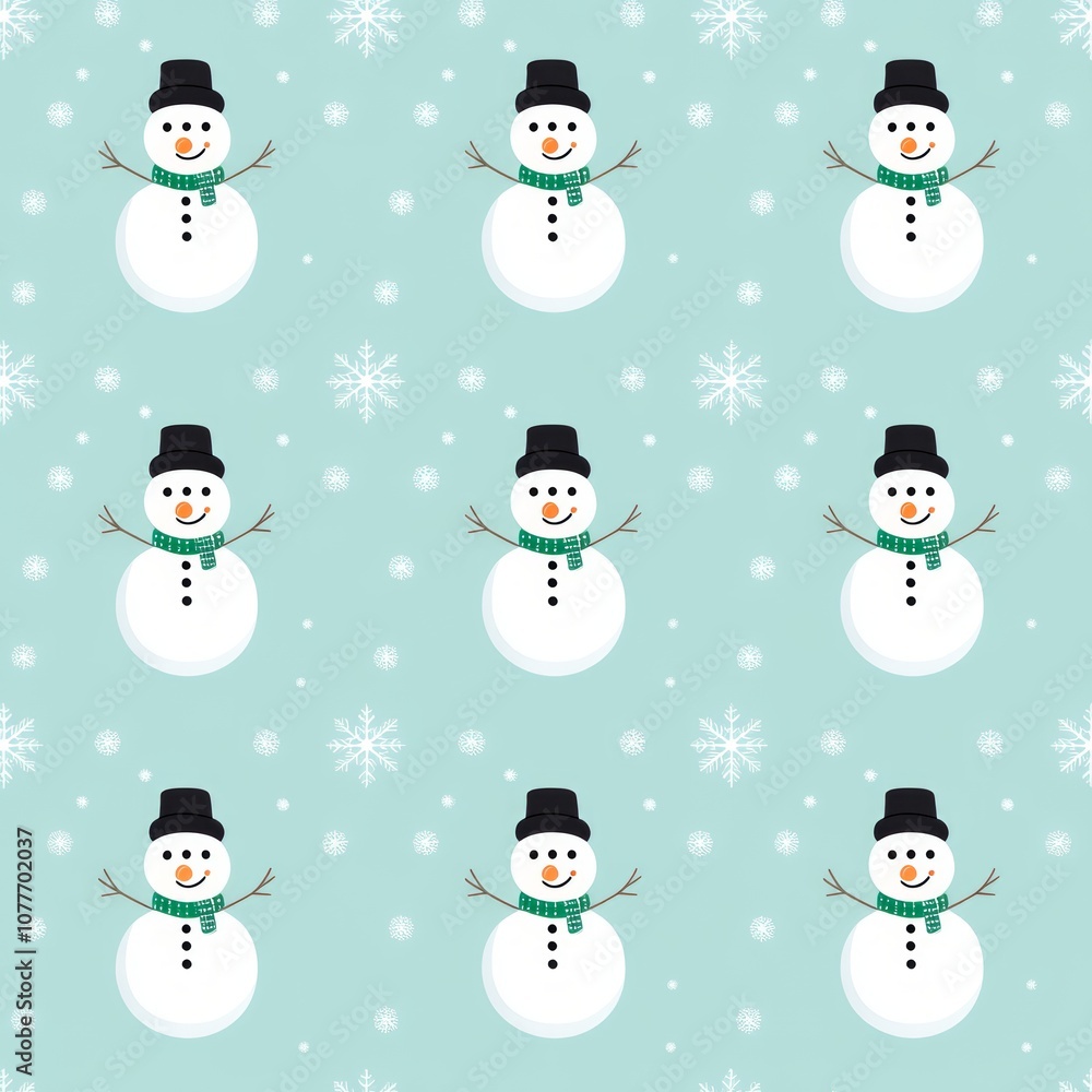 Seamless pattern of snowmen with black hats and green scarves on blue background with snowflakes. Seamless pattern of snowmen with black hats and green scarves on blue background with snowflakes.