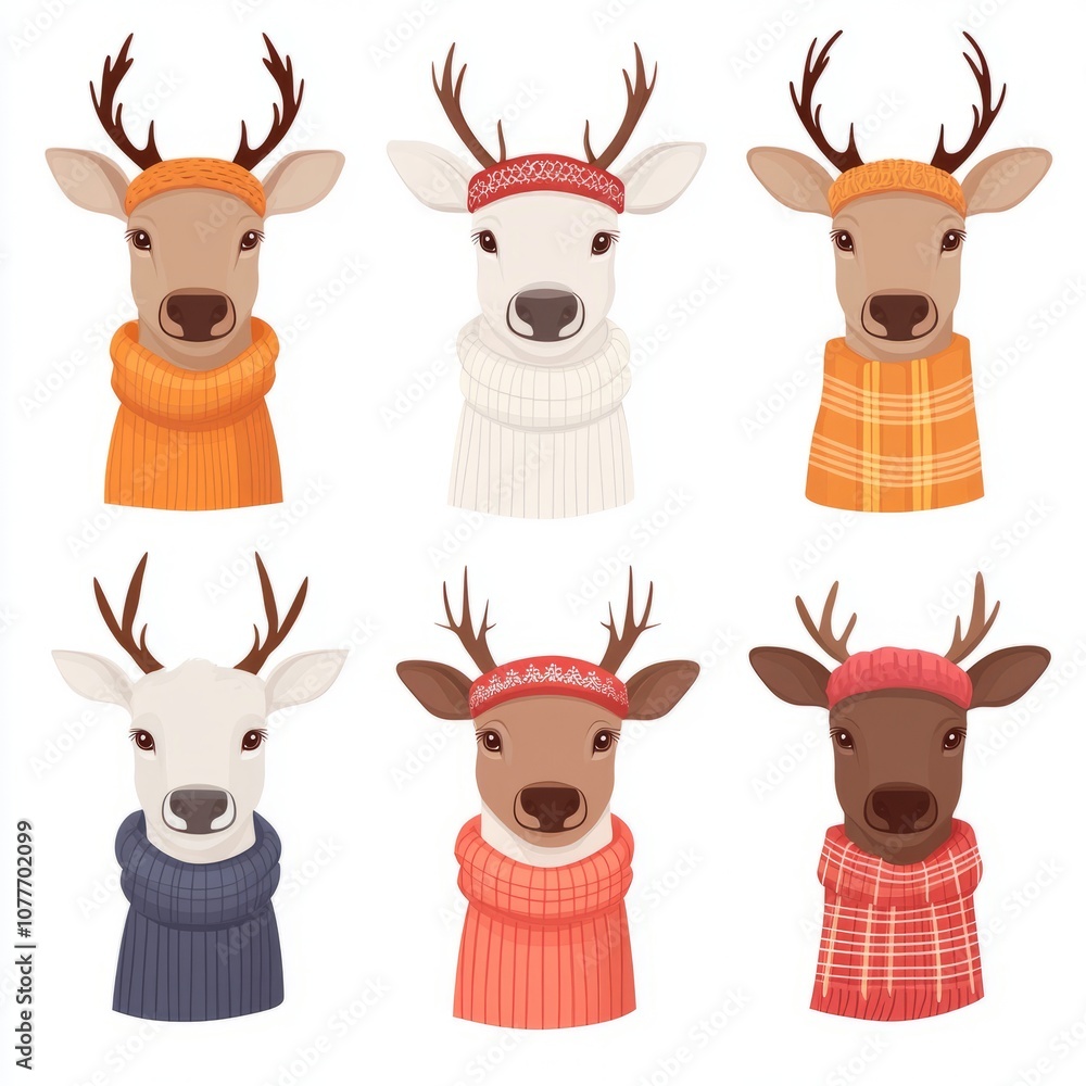 Six cute cartoon deer wearing winter sweaters and headbands. Six cute cartoon deer wearing winter sweaters and headbands.