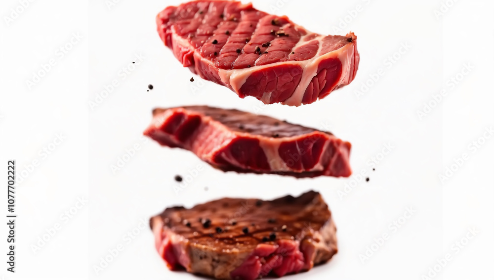 Delicious Beef steaks flying on white background Delicious Beef steaks flying on white background