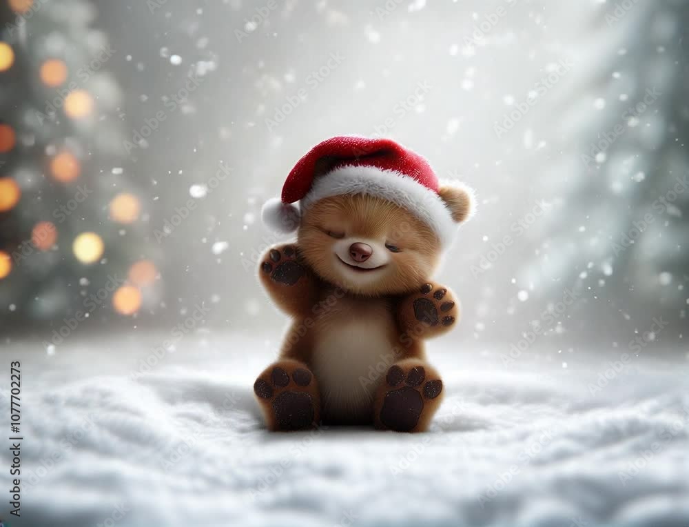 A cute Santa baby bear sitting on a snowy field where pure white snow is falling, greeting with a wish for a Merry Christmas. A cute Santa baby bear sitting on a snowy field where pure white snow is falling, greeting with a wish for a Merry Christmas.