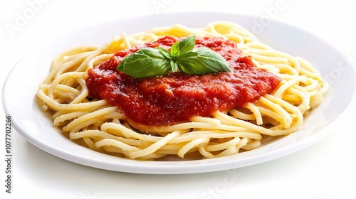 Delicious plate of spaghetti pasta topped with fresh tomato sauce and garnished with basil leaves, served on a clean white background for a culinary delight