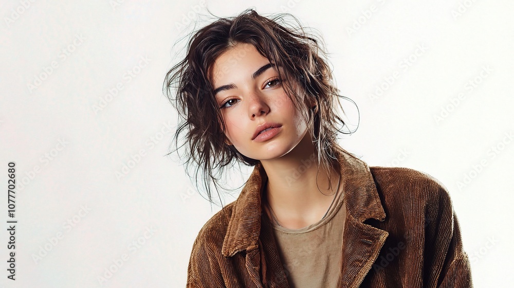 Captivating Portrait of an Attractive Young Woman in Casual Attire Exuding Natural Beauty and Confidence Against a Minimalist Background Captivating Portrait of an Attractive Young Woman in Casual Attire Exuding Natural Beauty and Confidence Against a Minimalist Background