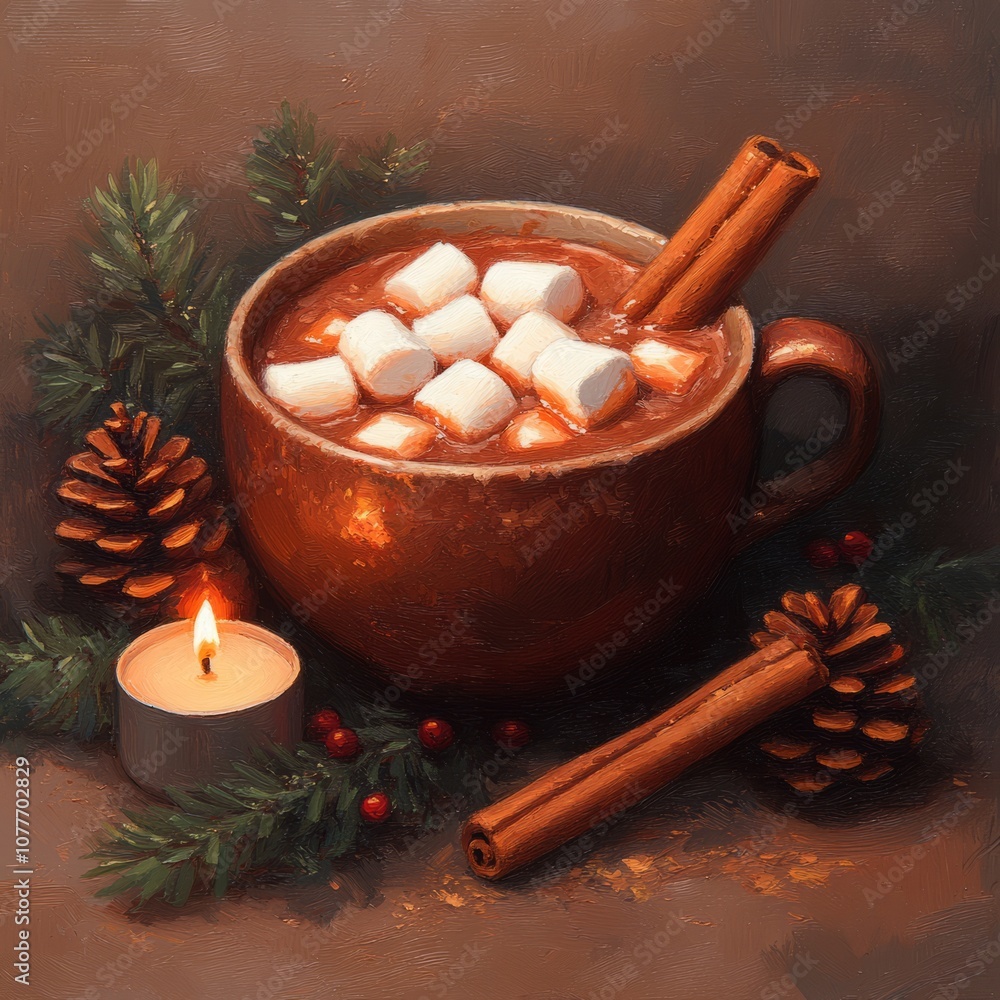 Fototapeta premium A cozy cup of hot chocolate with marshmallows and cinnamon sticks, a burning candle, and pine branches.